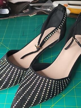 Black Pointed Toe Ankle-Strap Heels with Iridescent Stud Detailing